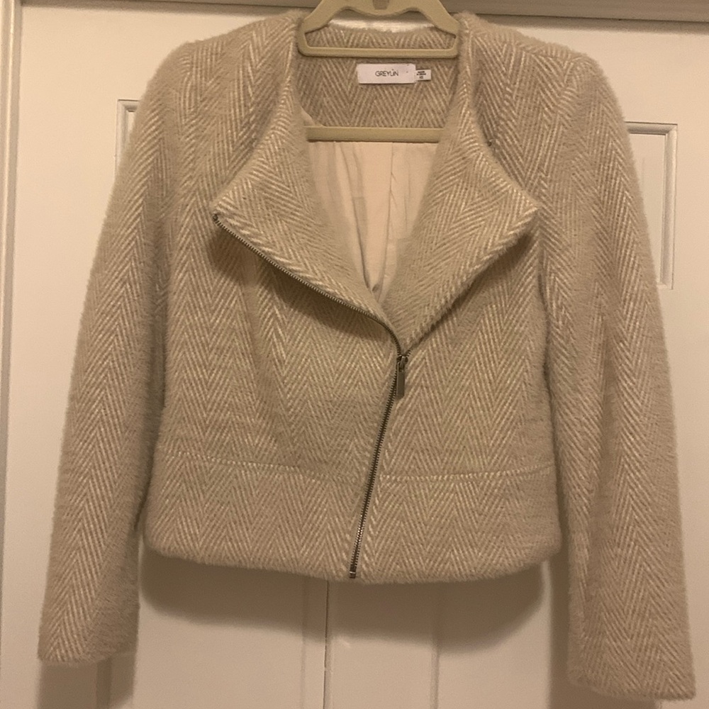 Greylin Herringbone Fuzzy Moto Jacket